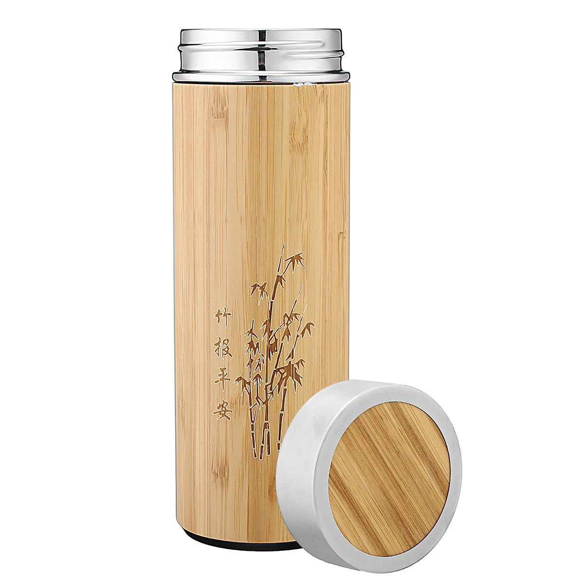 450 ml Dupla falú rozsdamentes acél vizes pohár Bambusz mintás Tea Infuser Termosz palack