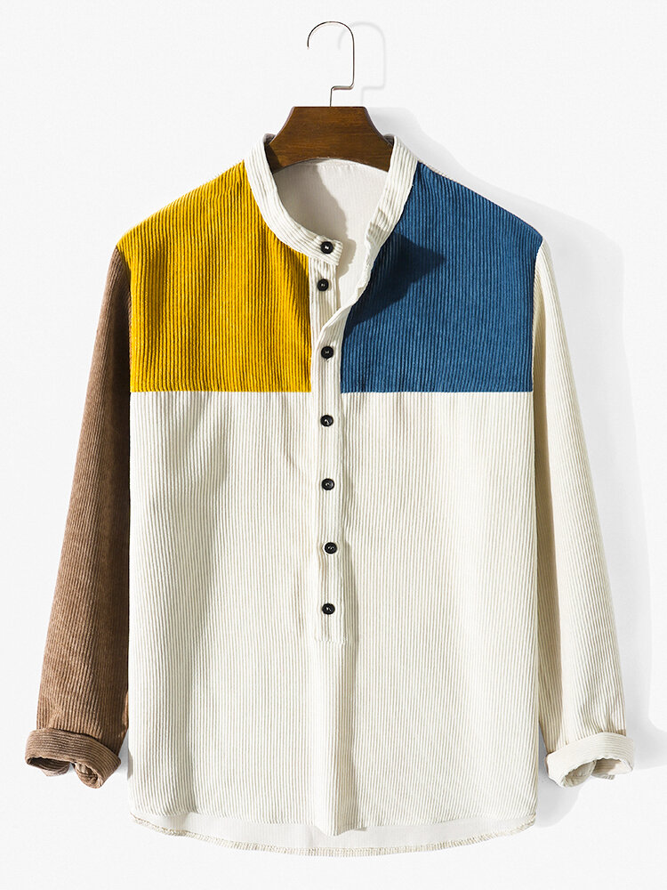 

Men Patchwork Contrast Color Block Long Sleeve Stand Collar Buttons Henley Shirts