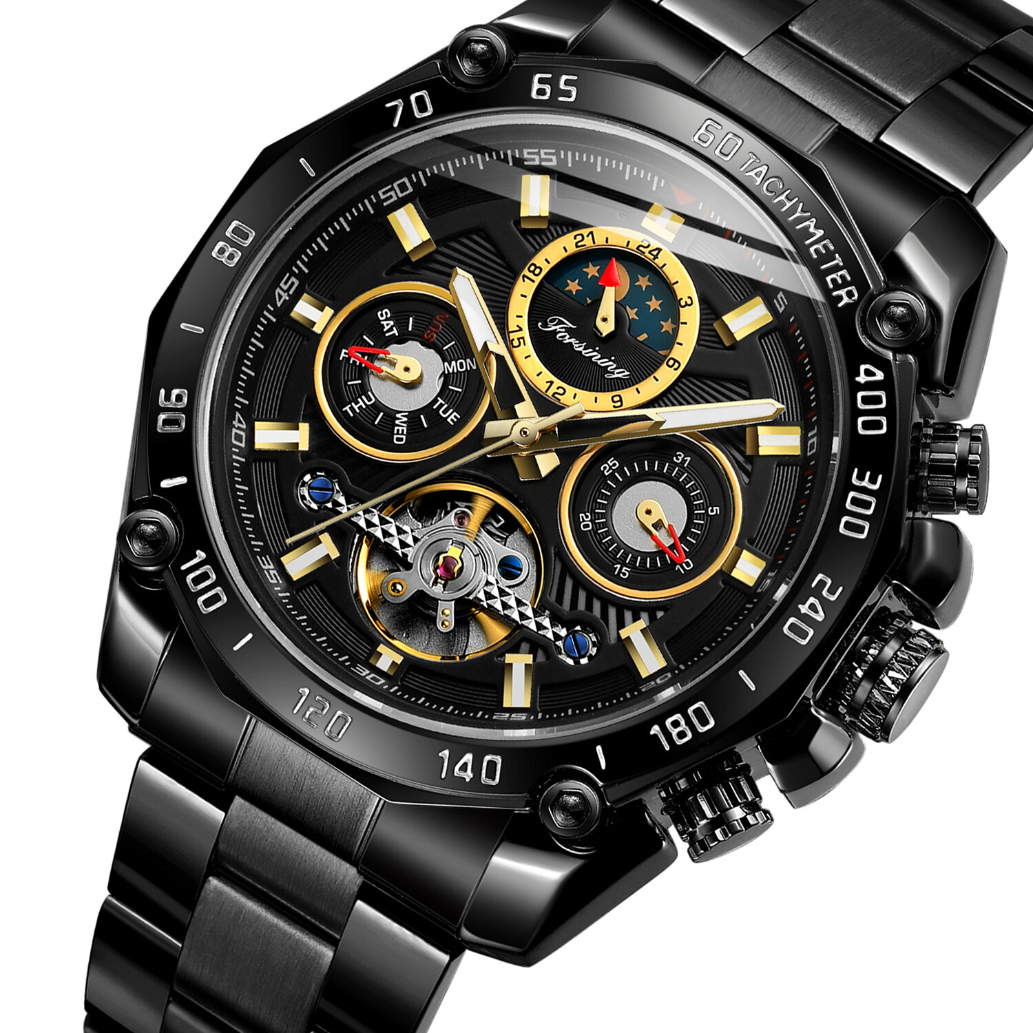 

FORSINING FSG6913 Fashion Men Automatic Watch Luminous Date Week Display Stainless Steel Strap Mechanical Watch