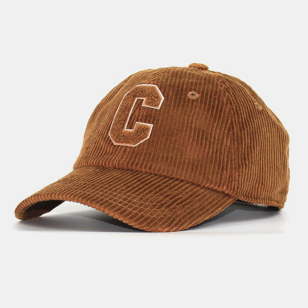 Unisex Corduroy Big C Letter Pattern Embroidery Baseball Cap Autumn Winter Soft Top Curved Brim Stripe Sunshade Hat