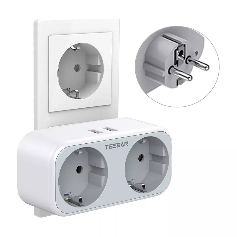TESSAN TS-321-DE 3600W 4 in 1 EU Wall Socket Extender with 2 AC Outlets/2 USB Ports Travel Power Adapter Overload Protec