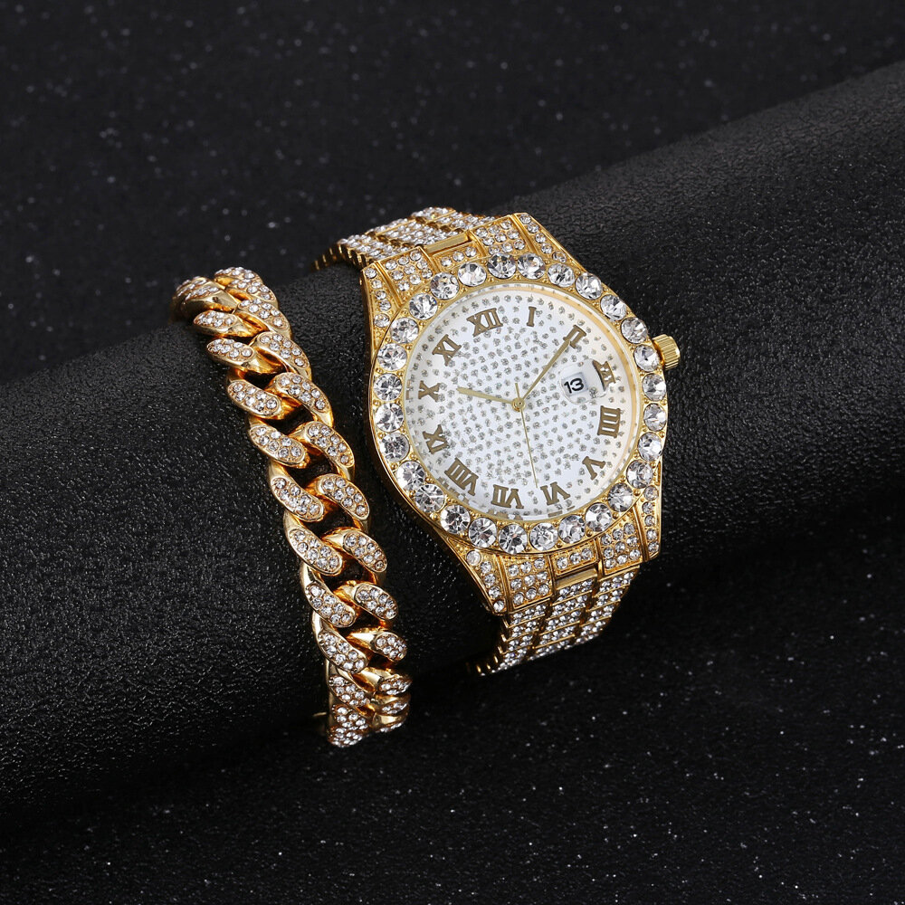 Alloy Hip Hop Luxury 2 PCS Hip-hop Chain Full Diamond Watch Bracelet Lady Quartz Watch