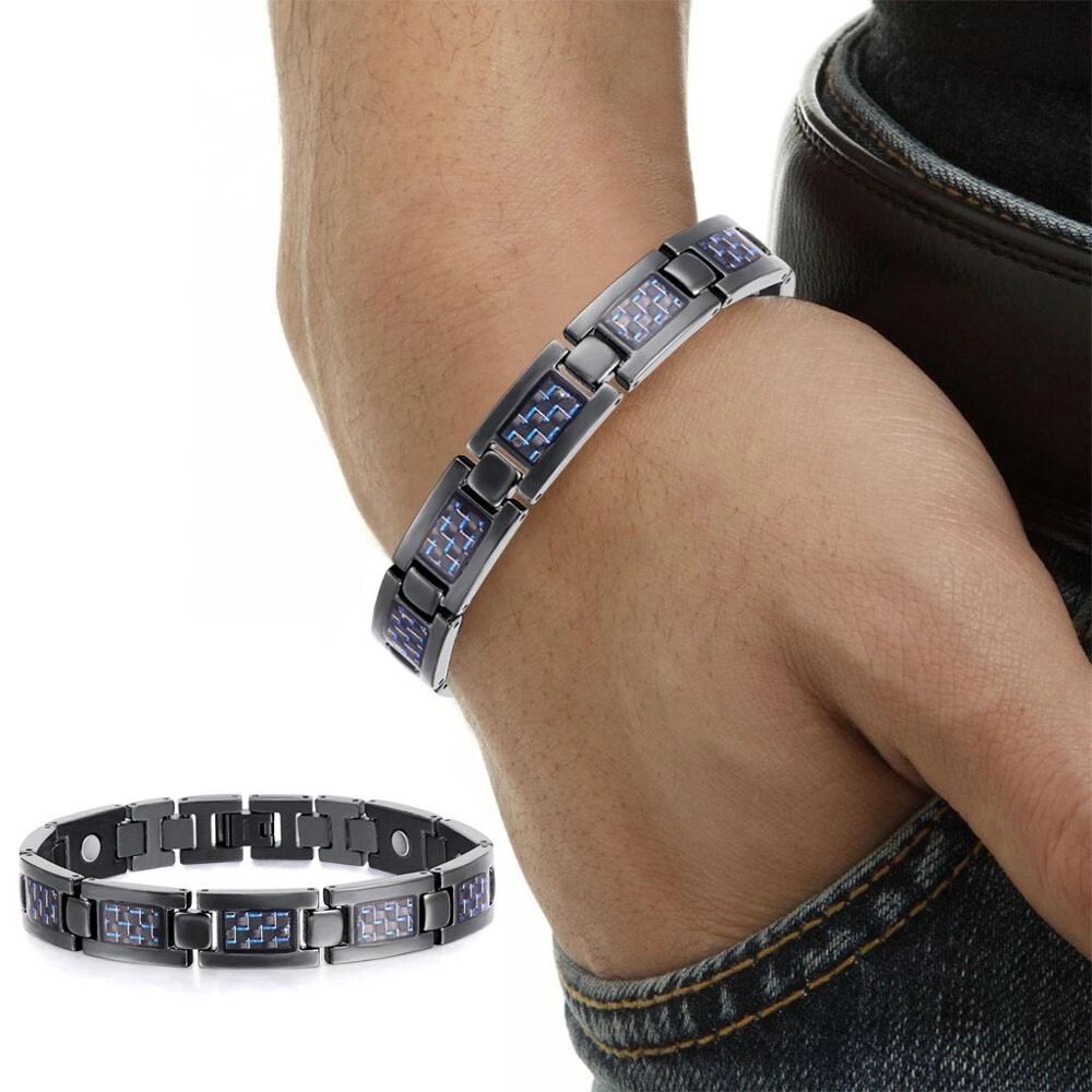 1 Pcs Fashion Casual Titanium Steel Carbon Fiber Magnetic Bracelet Geometric Stitching Magnetic Ther