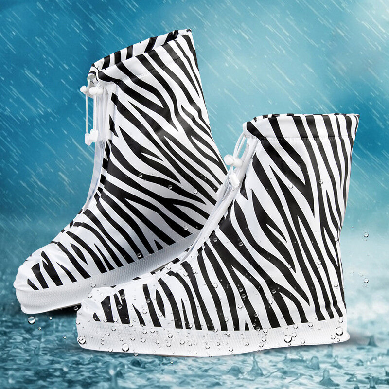 PVC Women Rain Shoes Cover Adjustable Double Layers Zebra Pattern Waterproof Rain Reusable Shoes Covers Slip-resistant R