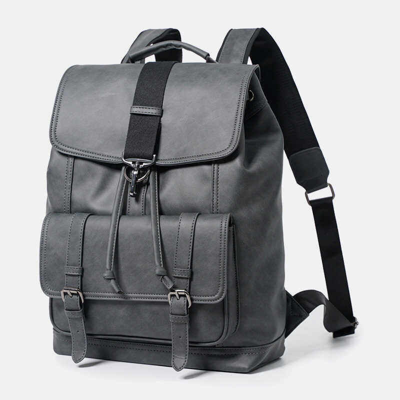 Men PU Leather Large Capacity Backpack Drawstring Hasp Waterproof Wear Resistant Shoulder Bag Studen