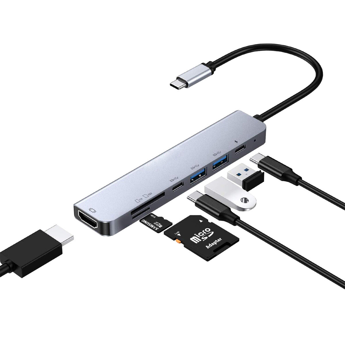 

Bakeey 7-in-1 USB-C Docking Station HUB Adapter With 2*USB 3.0 / USB Type-C Data Transmission / 87W USB-C PD3.0 Power De