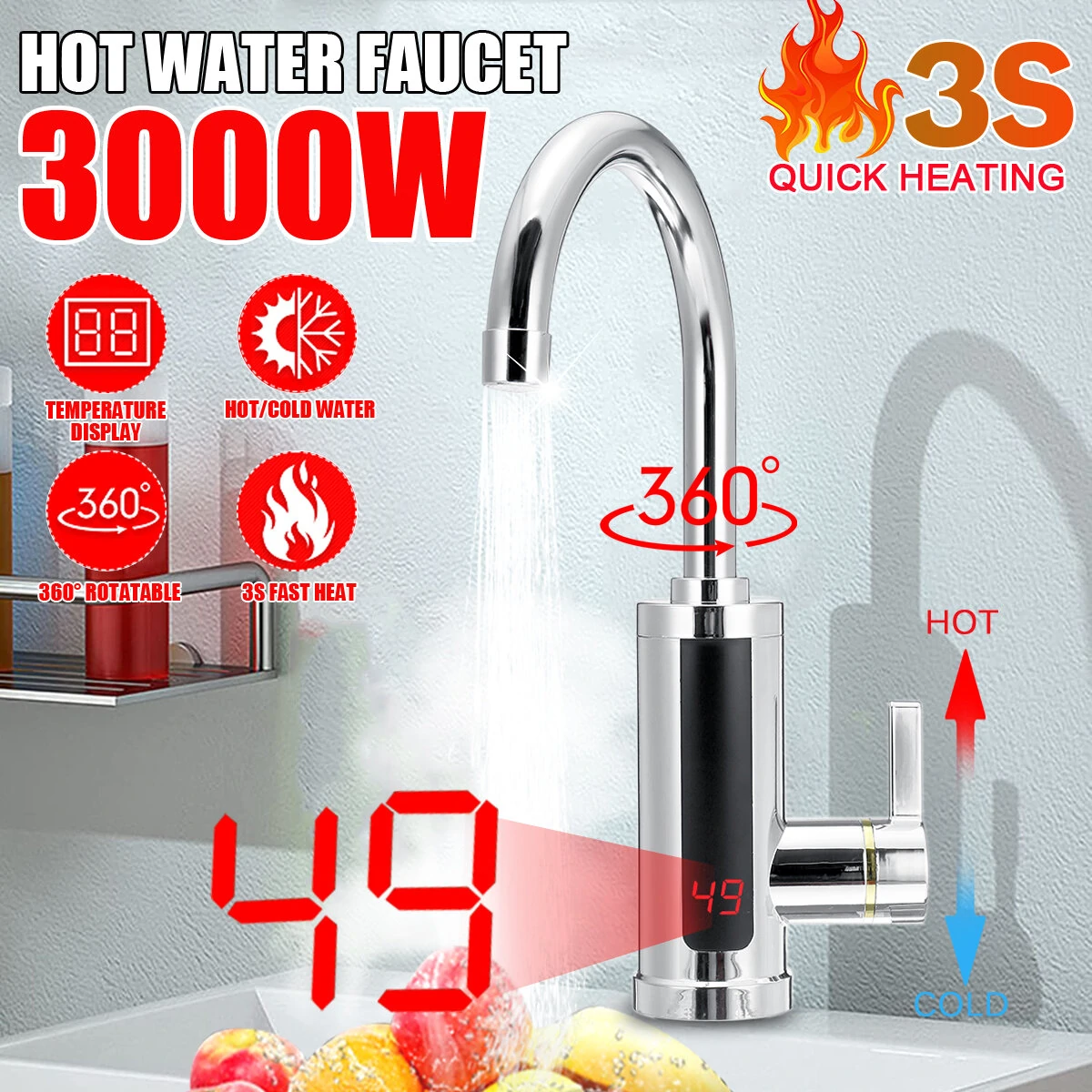 Στα 24,33€ από αποθήκη Κίνας | AGSIVO 3000W Instant Electric Water Heater Faucet Tap Tankless LED Digital Display Stainless Steel EU Plug for Kitchen Bathroom