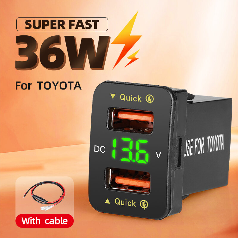 Dual USB QC Car Charger Socket Power Adapter With 12-24V Voltmeter LED Car Accessories 33mm*23mm For Toyota Quick Charge