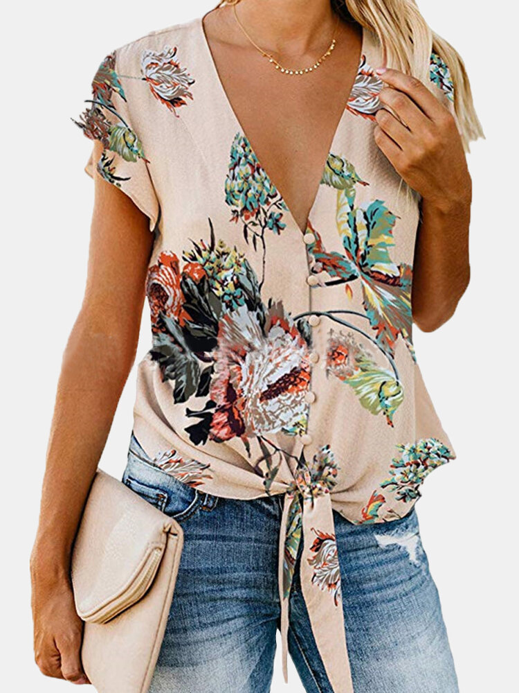 

Tie-up Random Floral Print V-neck Ruffle Sleeves Casual Blouse For Women
