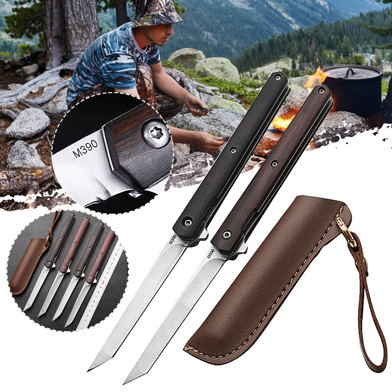 

XANES® M390 Steel Folding Long Knife Multi EDC Tactical Survival Tools with Holster Wooden Handle Portable Pocket for Ou