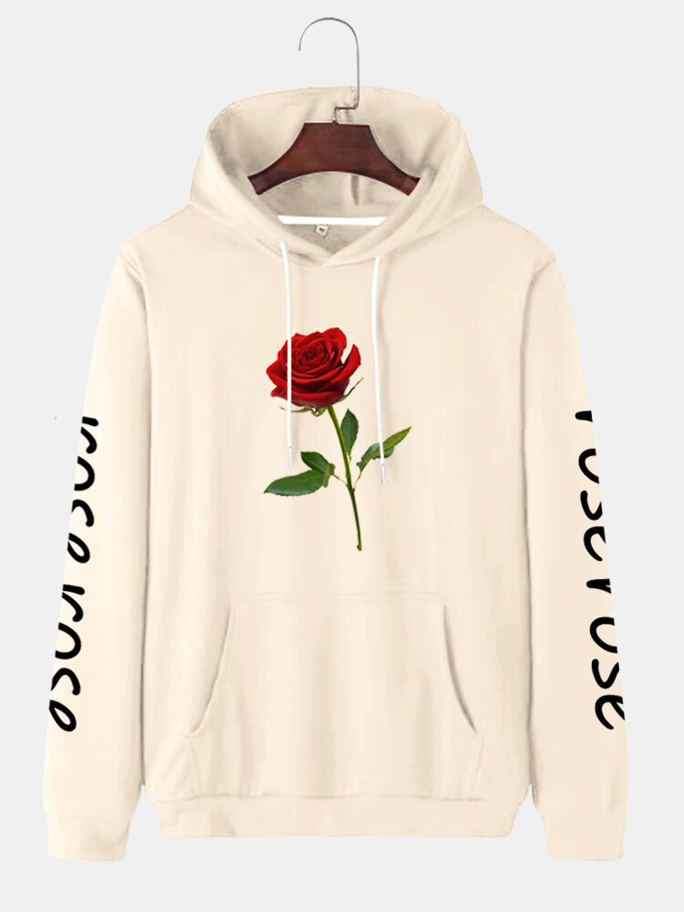 Heren hoodies van katoenen trekkoord met rozenprint met briefmouwen