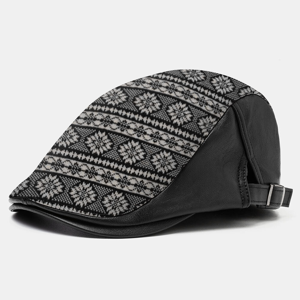 

Banggood Design Men Knit Leather Contrast Color Adjustable Stripe Floral Pattern Casual Outdoor Beret Hat