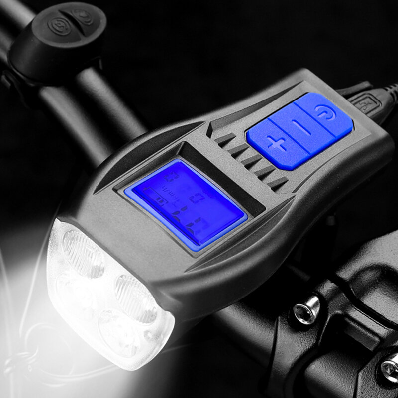 

New 3 in 1 300Lm Brightness Bike Headlight 1500mAh Battery Waterproof 4 Light Modes Smart Speedometer with 120db Horn fo
