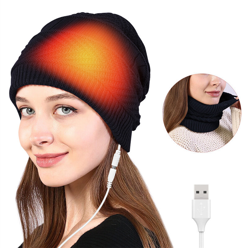 2-in-1電気加熱帽子スカーフ充電式熱洗える帽子柔らかい編み物ウィンターウォームスカーフヘッドネック用