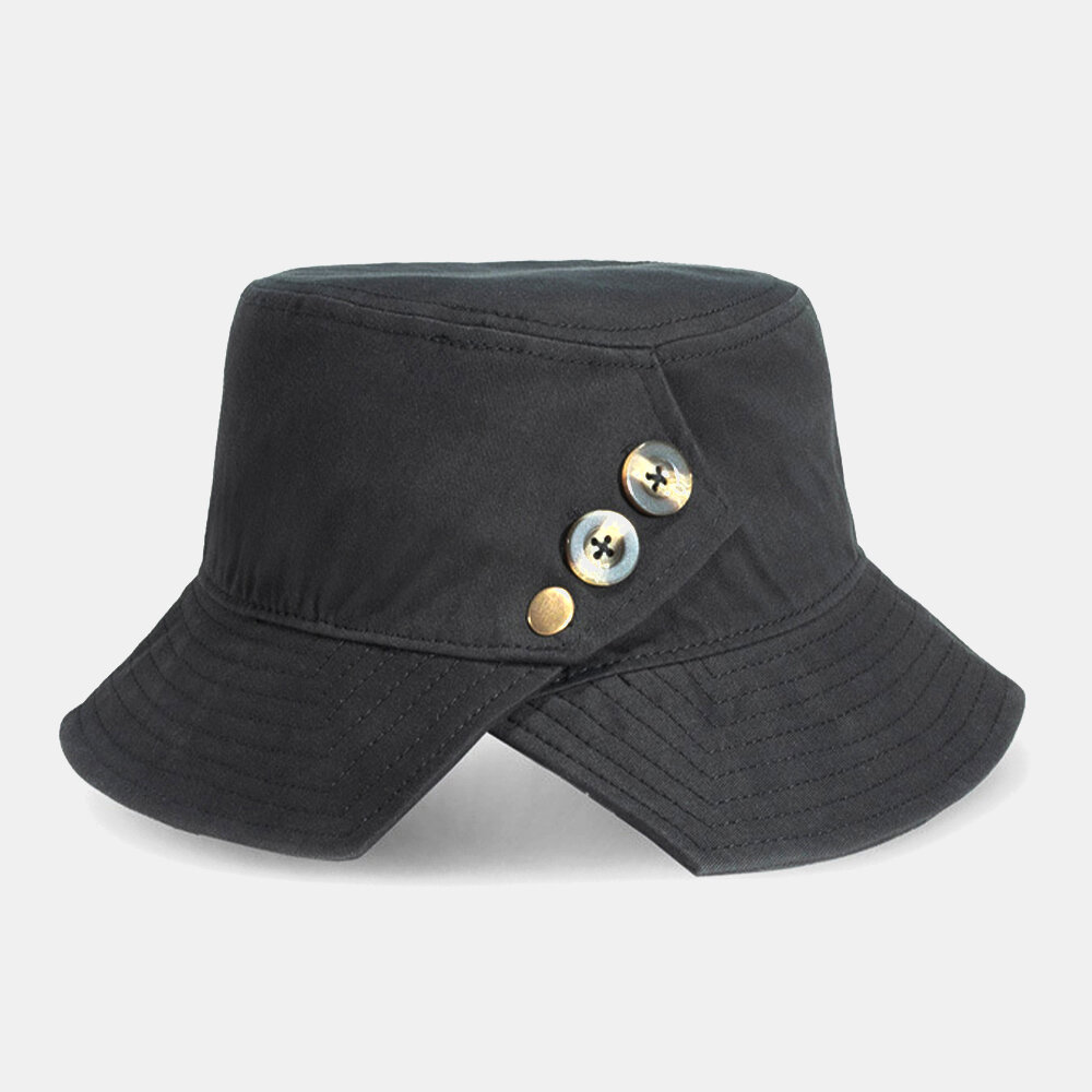 Unisex Cotton Button Decoration Side Slit Personality Sun Protection Bucket Hat