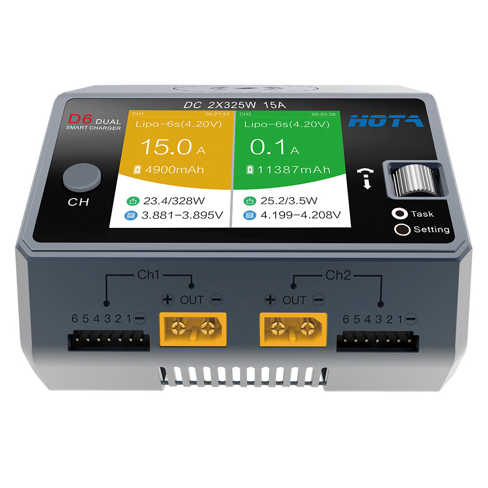 

HOTA D6 DC 325W*2 15A*2 Dual Channel LiPo Battery Charger With Wireless Charging for NiZn/Nicd/NiMH battery