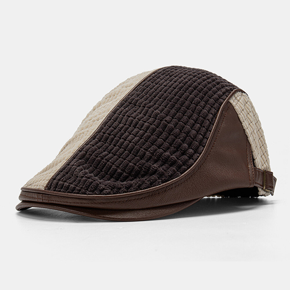 

Men PU Corn Grid Patchwork Knitted Color-match Small Plaid Sunshade Casual Beret Flat Cap