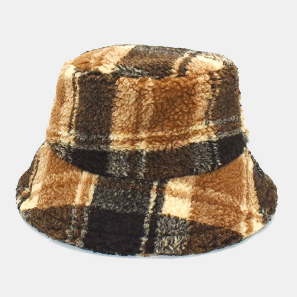 Men Bucket Hat Lambswool Winter Thick Plush Warm Lattice Fisherman Cap