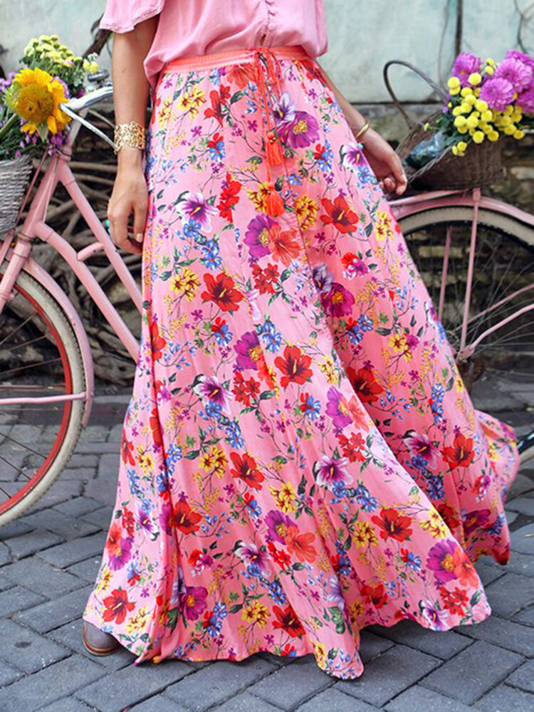 Kleurrijke bloemenprint grote schommel elastische taille vakantie casual lange rok voor vrouwen