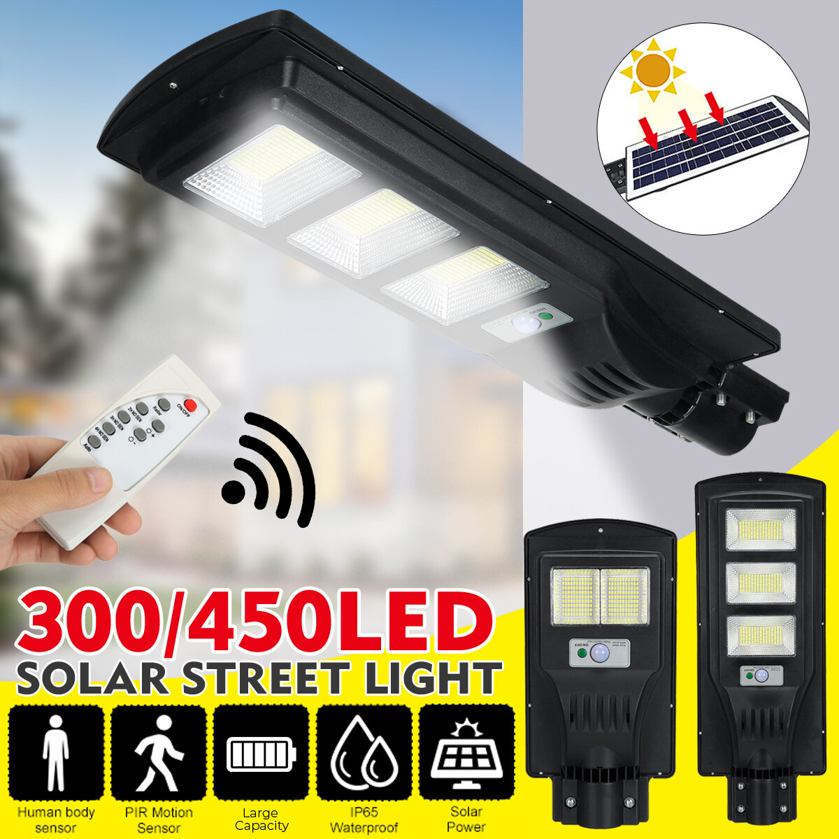 300/450 LED-straatverlichting op zonne-energie PIR Bewegingssensor Beveiliging Wandlamp Waterdichte 