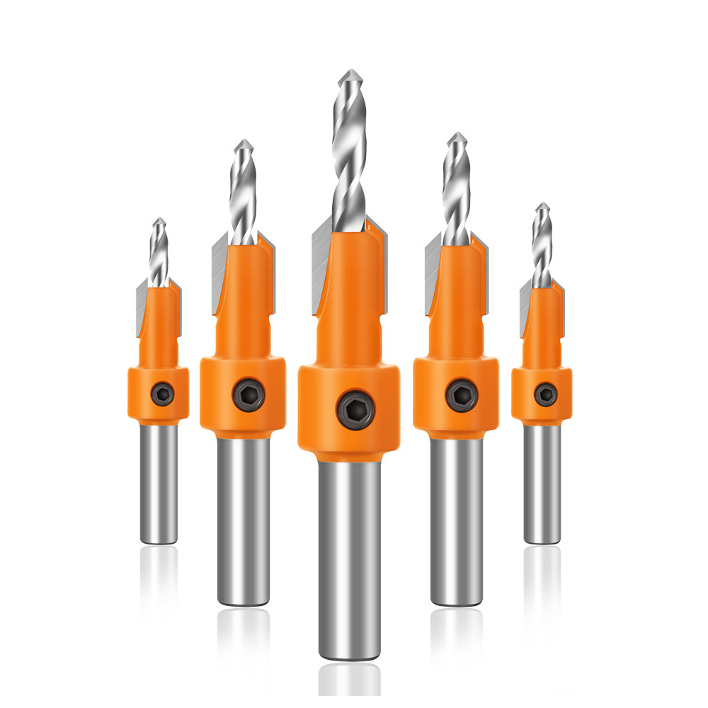 5Pcs 10mm Carbide Tip HSS Woodworking Countersink Drill Router Bit Set 8mm Shank Screw Extractor Remon Demolition for Wo