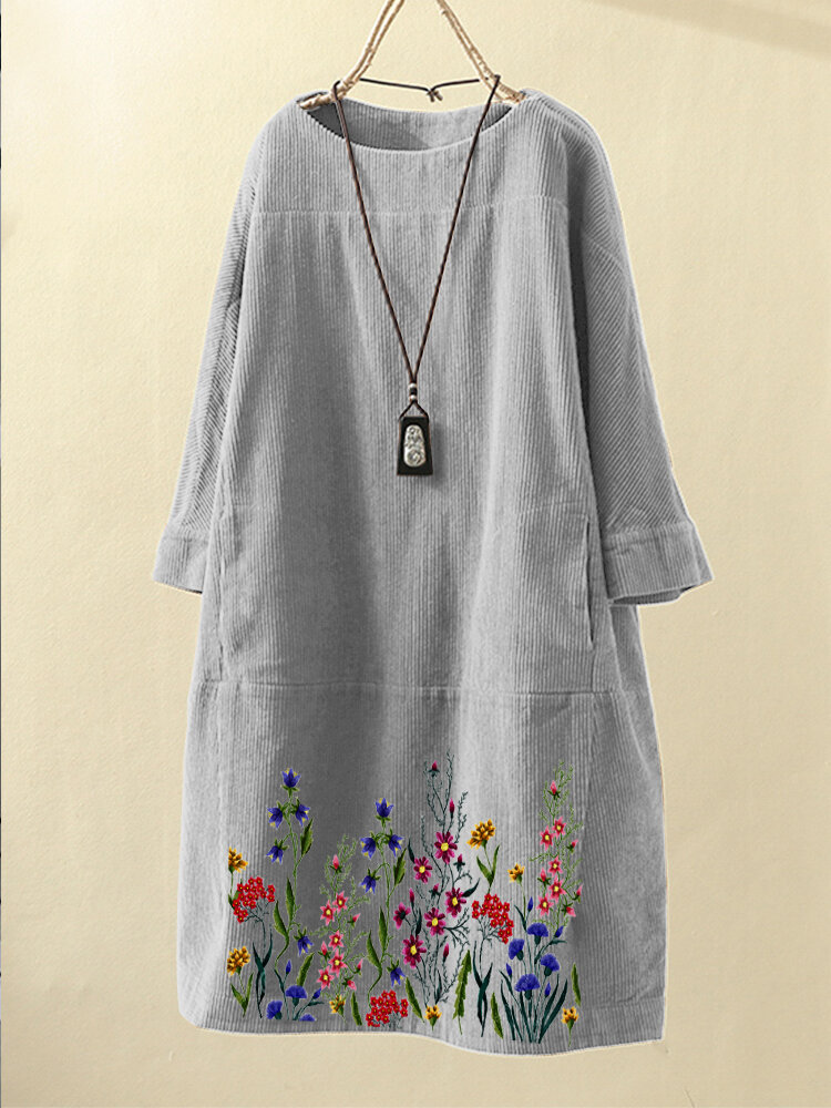 Women Embroidered Floral Vintage Corduroy Plain O-Neck Casual Dress Wit Pocket