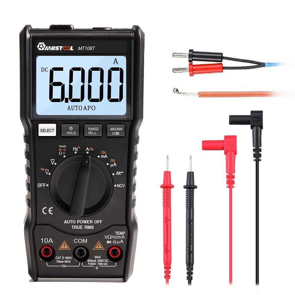 Mustool mt108t square wave output true rms ncv temperature tester digital multimeter 6000 counts backlight ac dc current/voltage resistance frequency capacitance