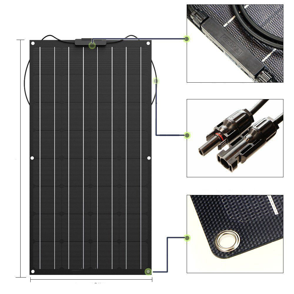 Pannello solare monocristallino ad alta efficienza TPT da 100W 18V con connettore fai-da-te per la ricarica della batteria all'aperto durante i viaggi in campeggio.
