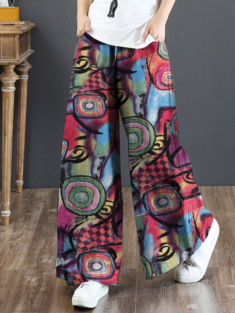 Women 100% Cotton Flared Wide-Leg Floral Printed Retro Side Pockets Pants