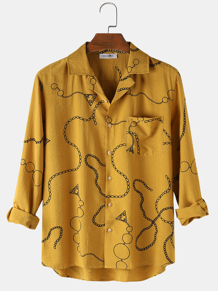 

Banggood Designed Mens Chain Print Camp Collar Long Sleeve Casual Yellow Shirts With Pocket
