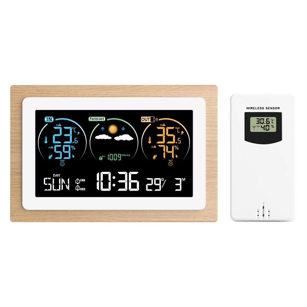 

Digital VA Color Wood Weather Station Home Temperature Humidity Air Pressure Monitor Wall Alarm Clocks Wireless Forecast