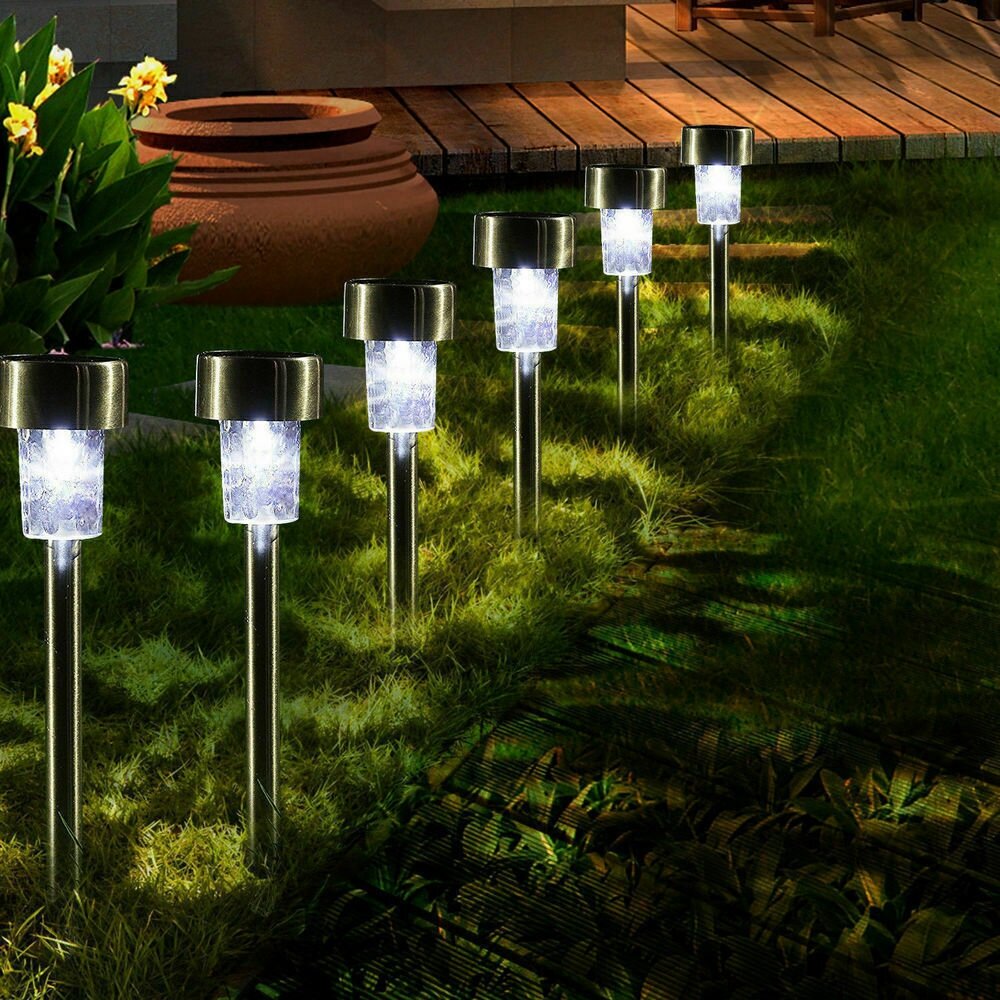 Imagen de 16 piezas de lámparas solares de acero inoxidable para césped de jardín, iluminación de paisaje exterior