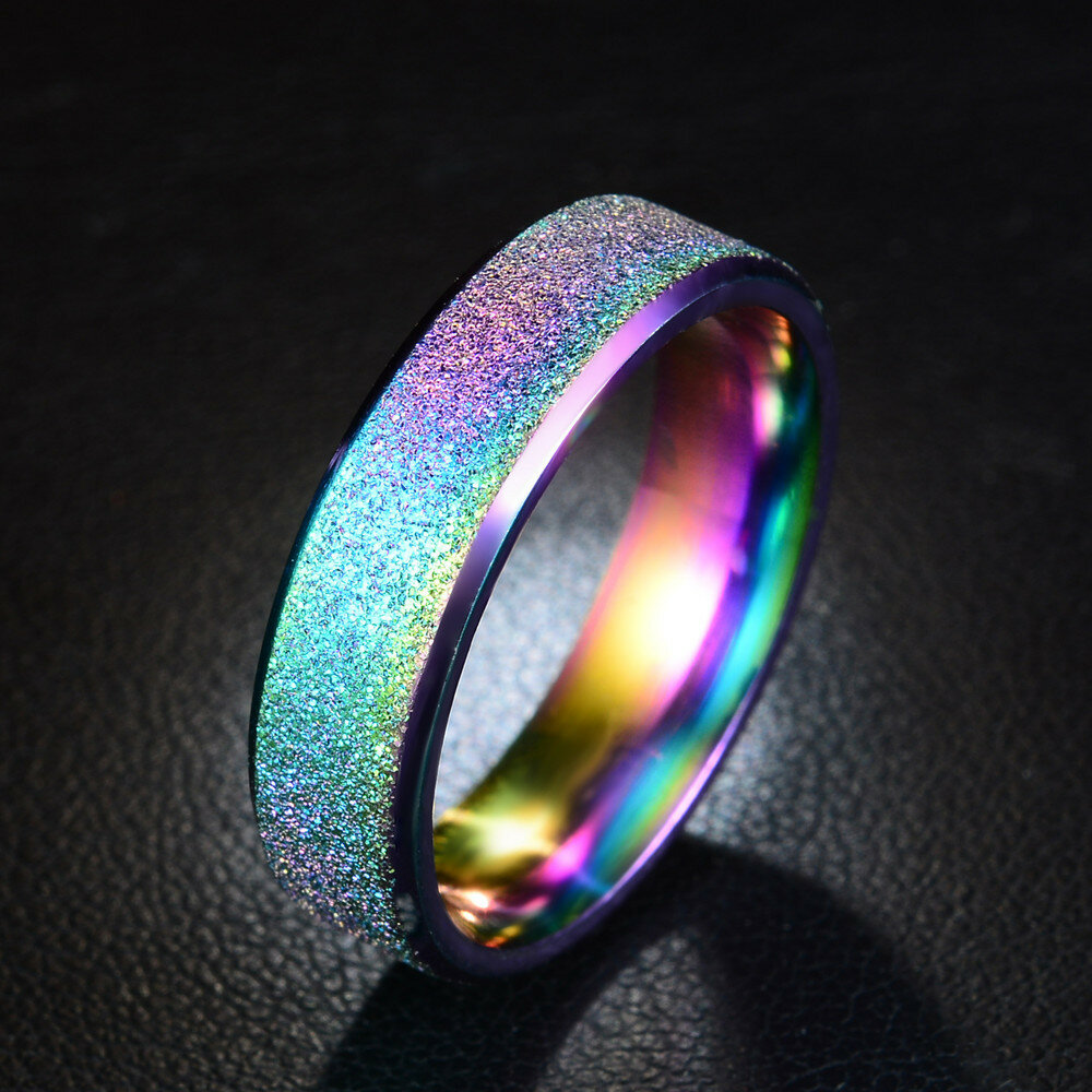 6mm Trendy Stainless Steel Magic Frosted Rainbow Color Black Couple Ring