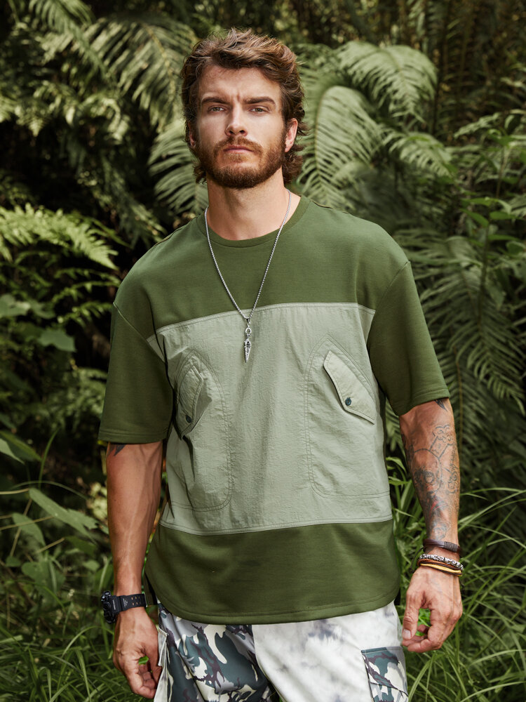 Men Flat Pocket Stitching Colorblock Camping Soft Breathable T-Shirts