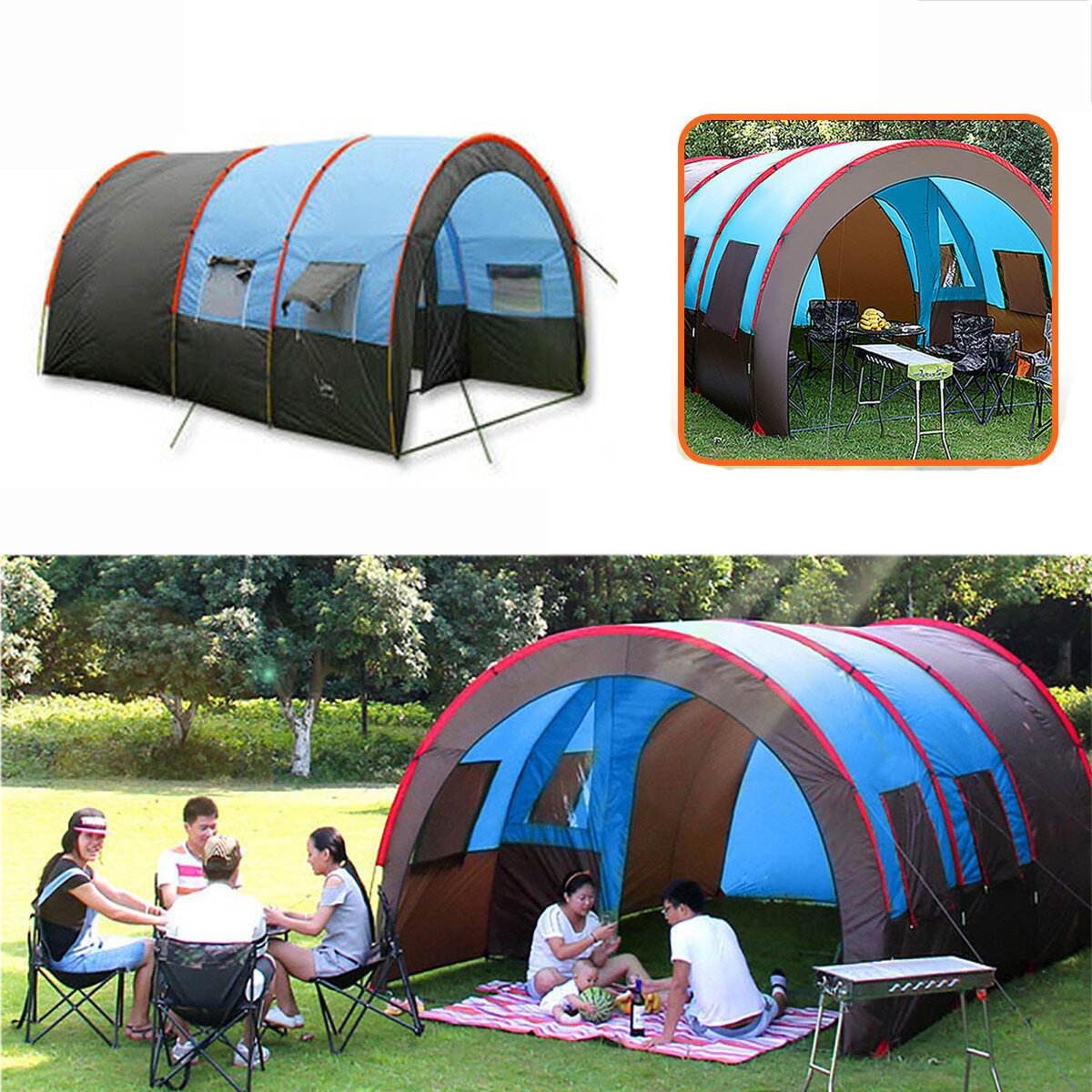 Tenda de acampamento de grande capacidade à prova d'água portátil para viagem, caminhada, tenda dupla camada ao ar livre