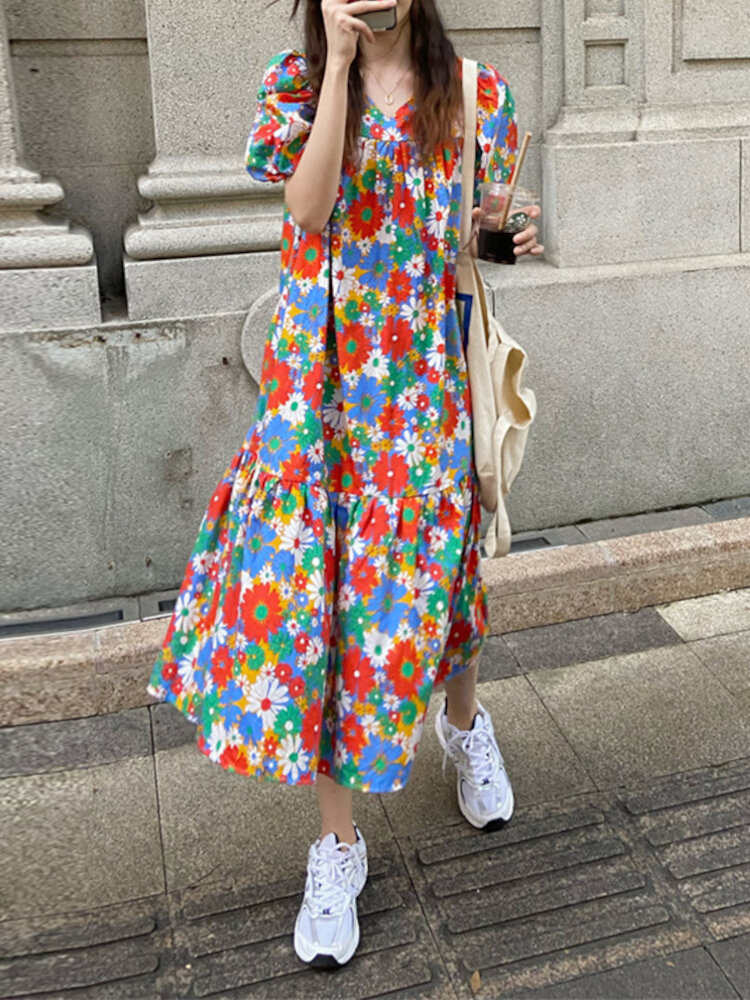 

Ditsy Floral Print V-Neck Puff Sleeve Holiday Casual Loose Maxi Dress For Women