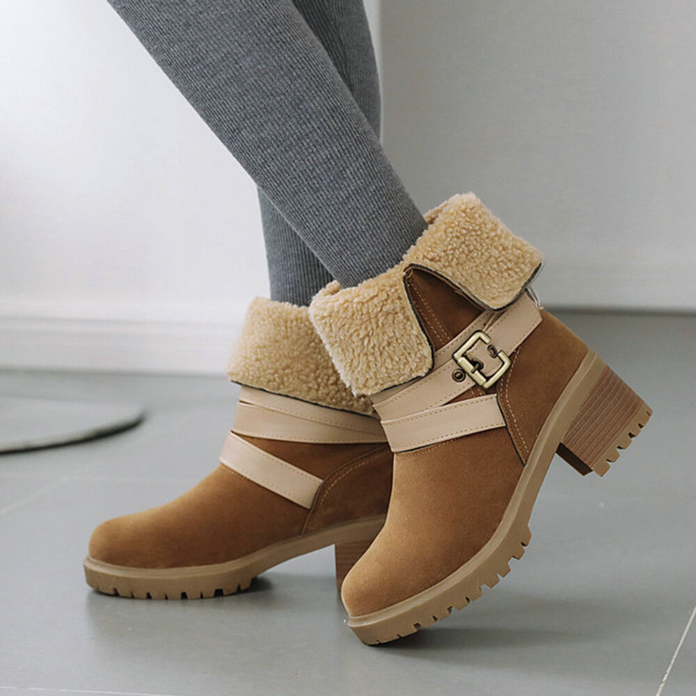 Large Size Women Casual Two Ways Comfy Chunky Heel Winter Snow Boots
