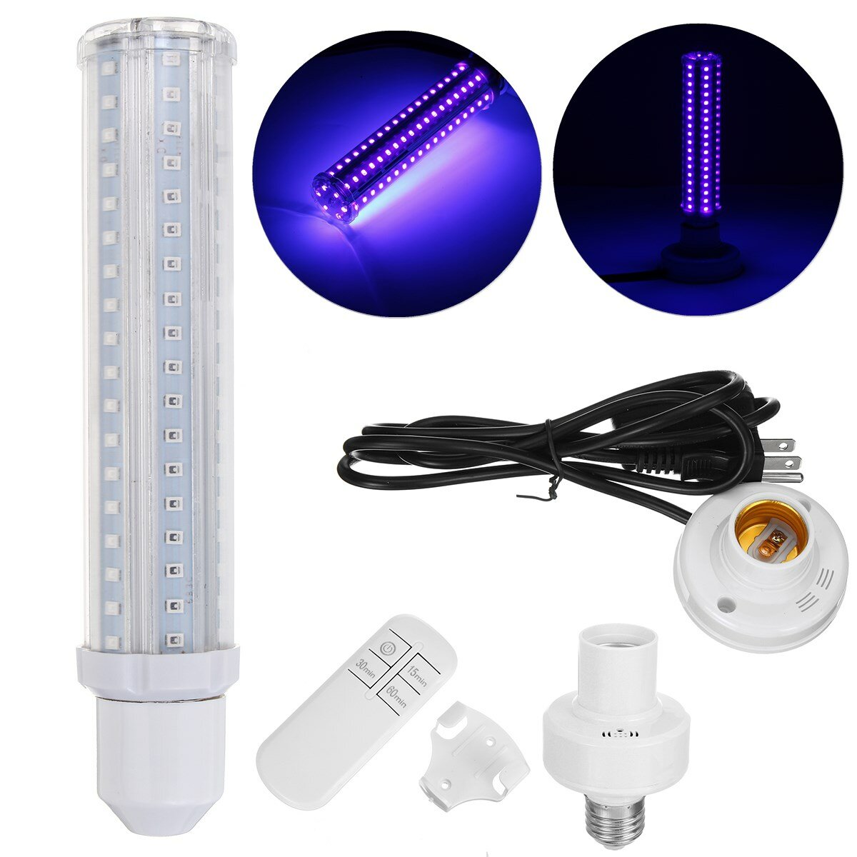 395nm LED UV Germicidal Lamp 85-265V 30W E27 Disinfection Light Bulb + Socket with Switch US Plug + Remote Control