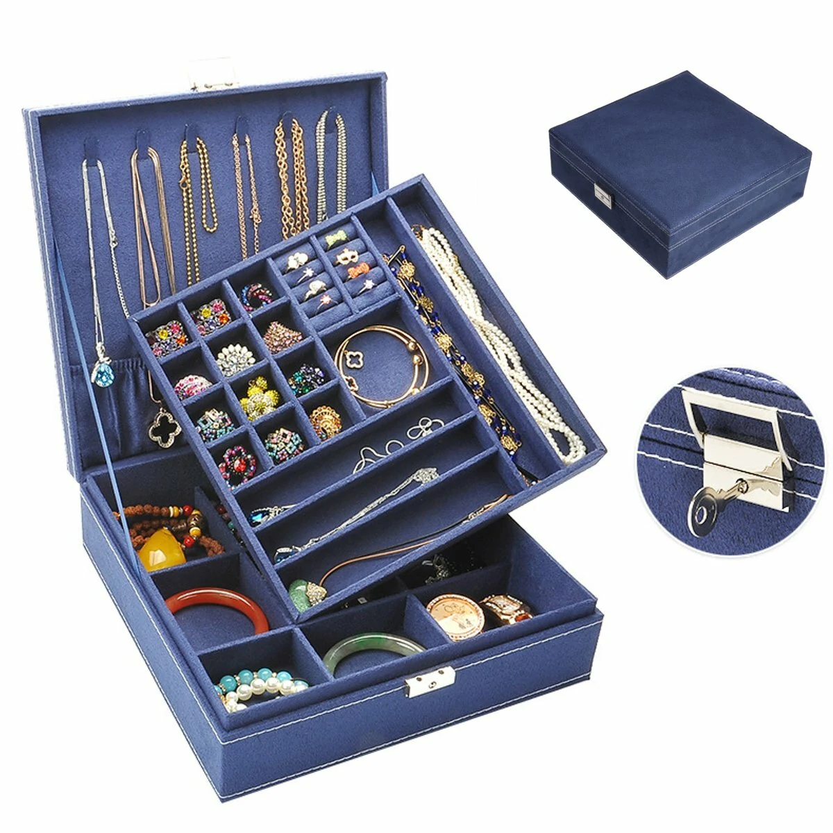 Multi-function vintage jewelry box organizers two-layer lockable jewelry display storage case
