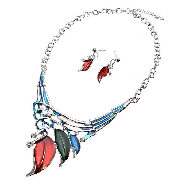 

Элегантные европейские листья Эмали Inlay Crystal ожерелье Серьги Набор ювелирных изделий для Женское