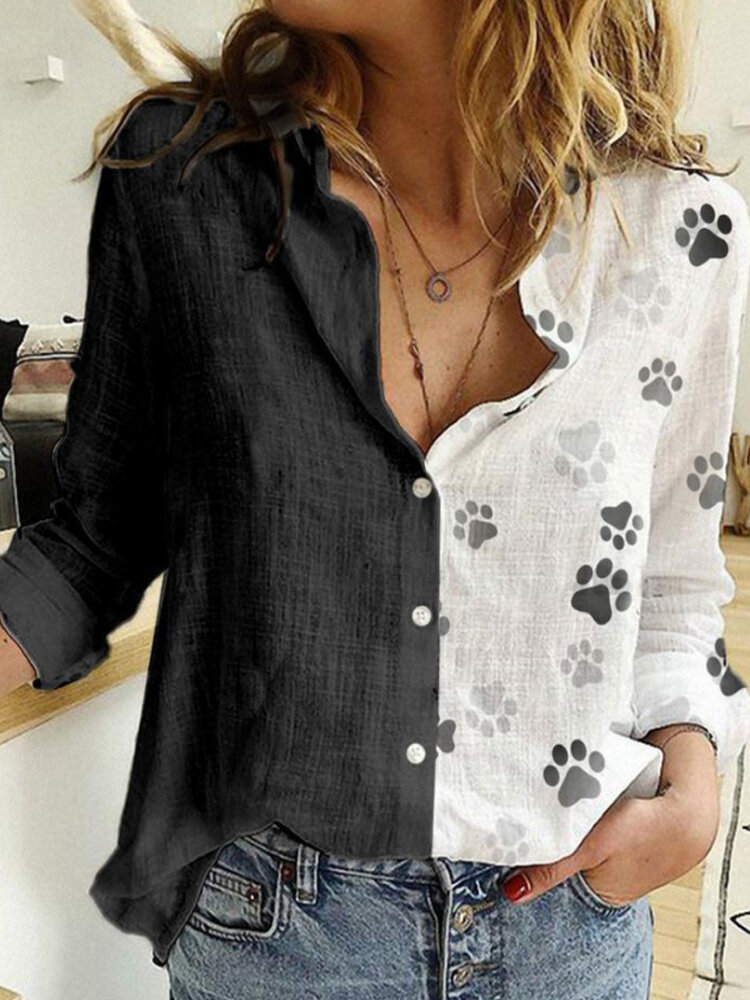 Women Paw Print Patchwork Long Sleeve Button Casual Shirts