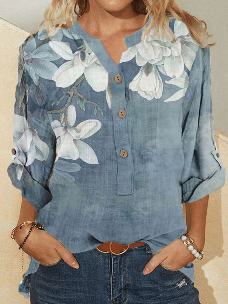 Women's Cotton Floral Embroidery Casual Stand Collar Shirt