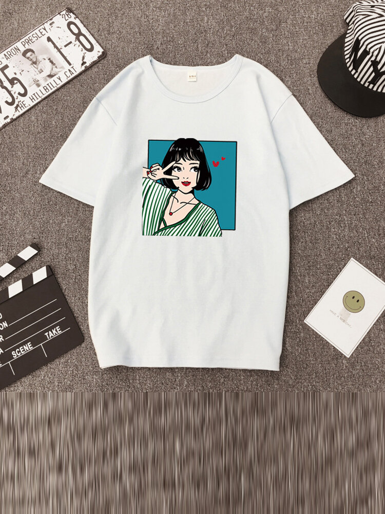 Cartoon meisje print korte mouw zomer losse casual T-shirt