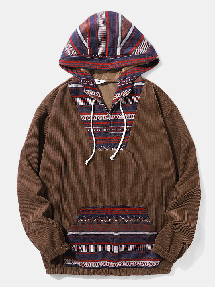 

Men Corduroy Splicing Pathes Kangaroo Pocket Half zip Ethnic Style Hooded Sweatshirt