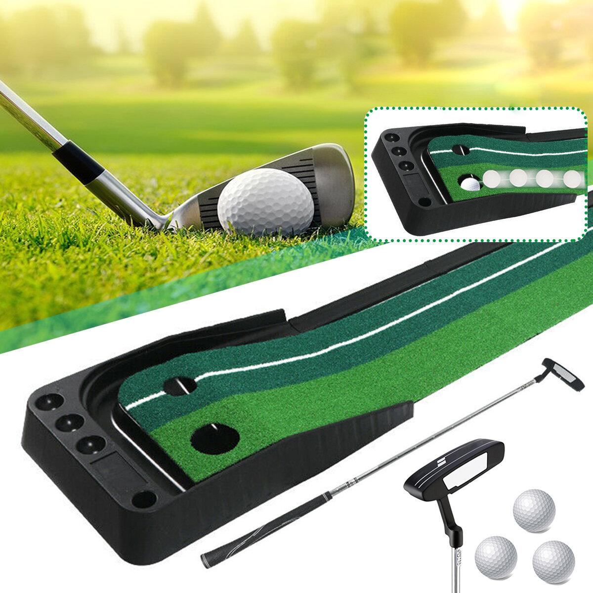 

3M Golf Putting Mat+Putter+3 Pcs Golf Ball Golf Putter Trainer Ball Return Tools Golf Fairway