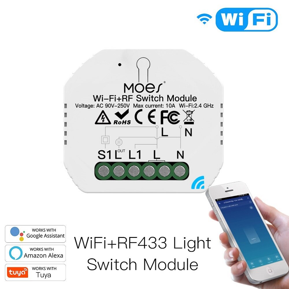 MoesHouse Mini DIY WiFi RF433 Módulo de interruptor de relé inteligente Smart Life / Tuya App Control para Alexa Google
