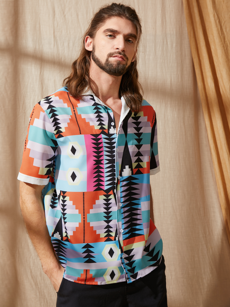 Casual overhemden in Hawa?-stijl met korte mouwen en geometrische print voor heren