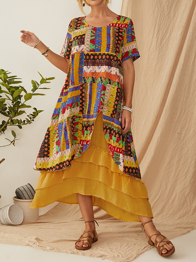 

Ethnic Print Layered Short Sleeve Vintage Maxi Dress For Women