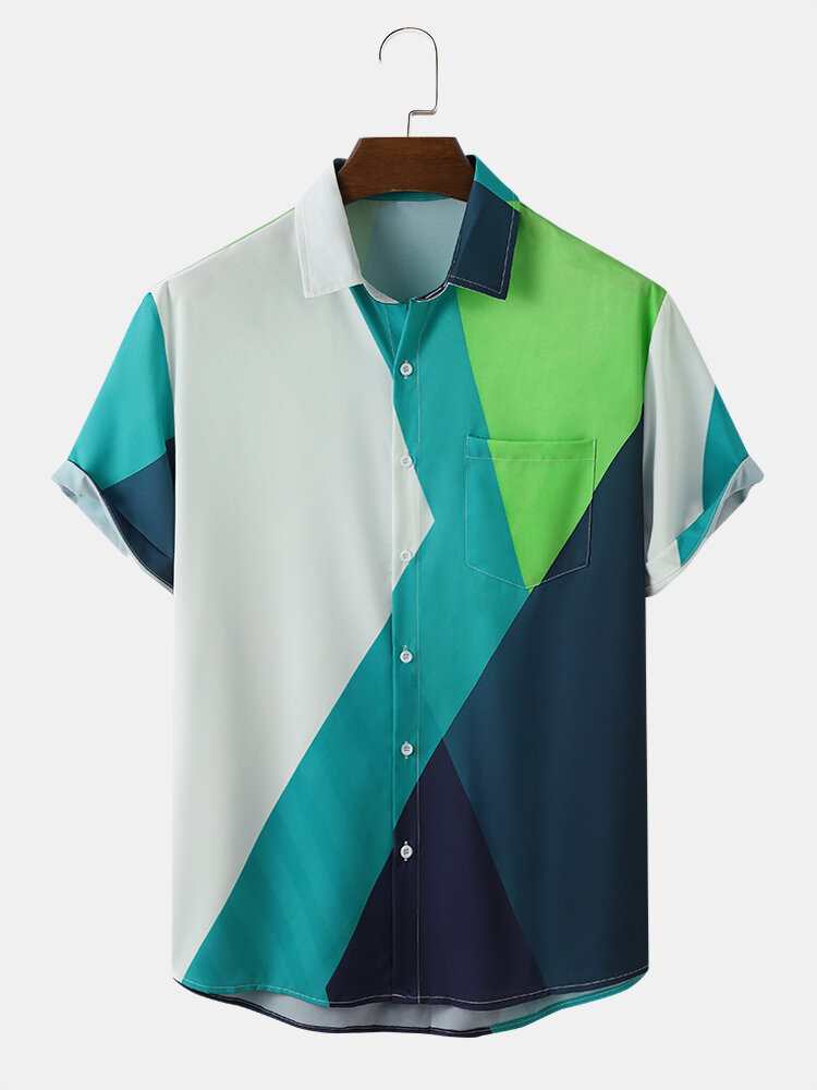 Heren Geometrische Colorblock Front Knopen Soft Ademende Casual Shirts