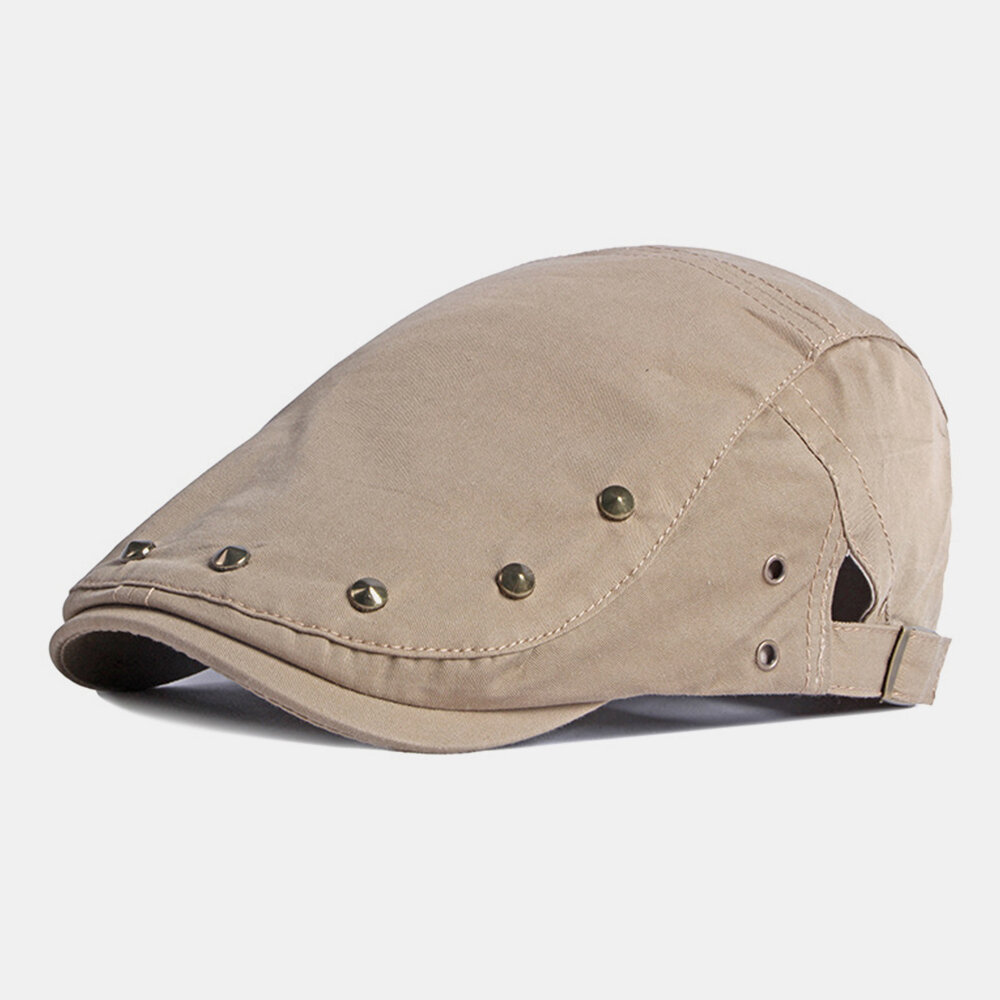 

Men Newsboy Cap Polyester Cotton Solid Color Rivet Decorative Sunshade Casual Forward Hat Beret Flat Cap
